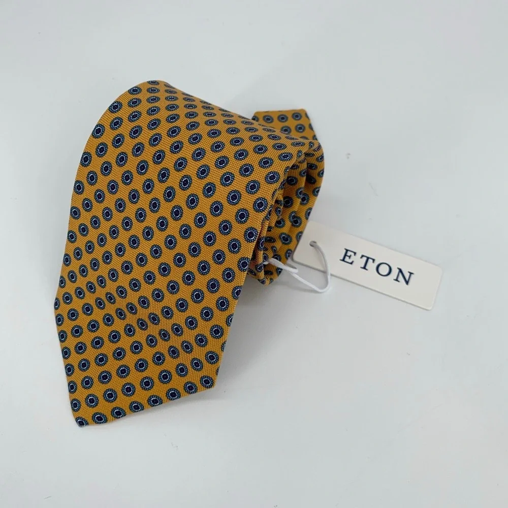 Eton Tie Mens One Size Yellow Blue Patterned Silk Classic Necktie Italy Made NWT
